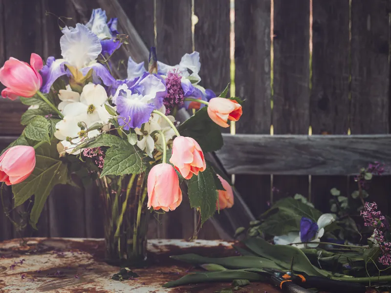 Tulips and irises in a vase against a wooden fence