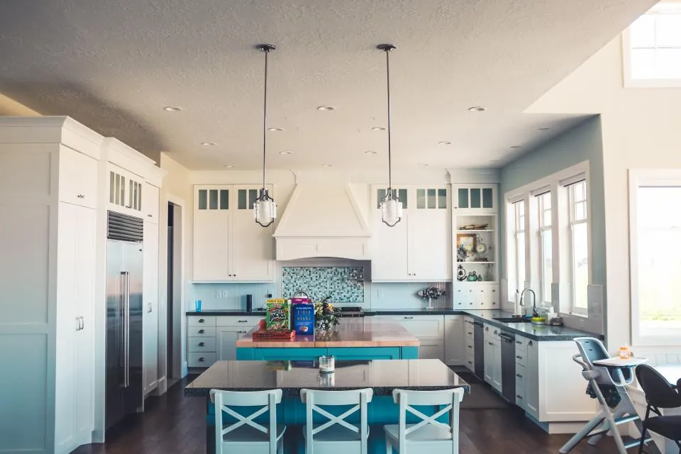 Bright modern kitchen with an island and pendant lights