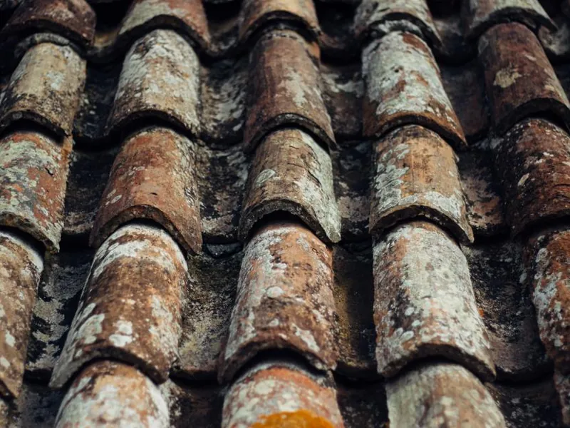 Close-up of old clay roof tiles