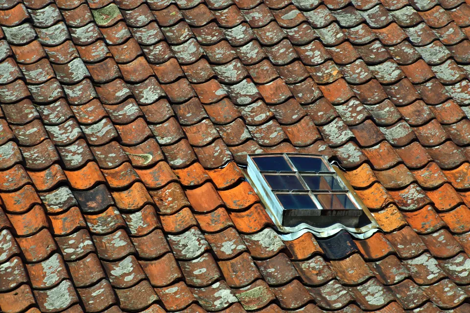 Weathered clay roof tiles with a skylight window