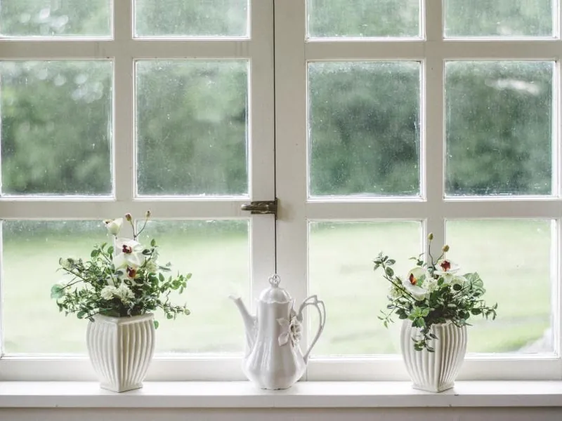 White sash window with flowers on the sill
